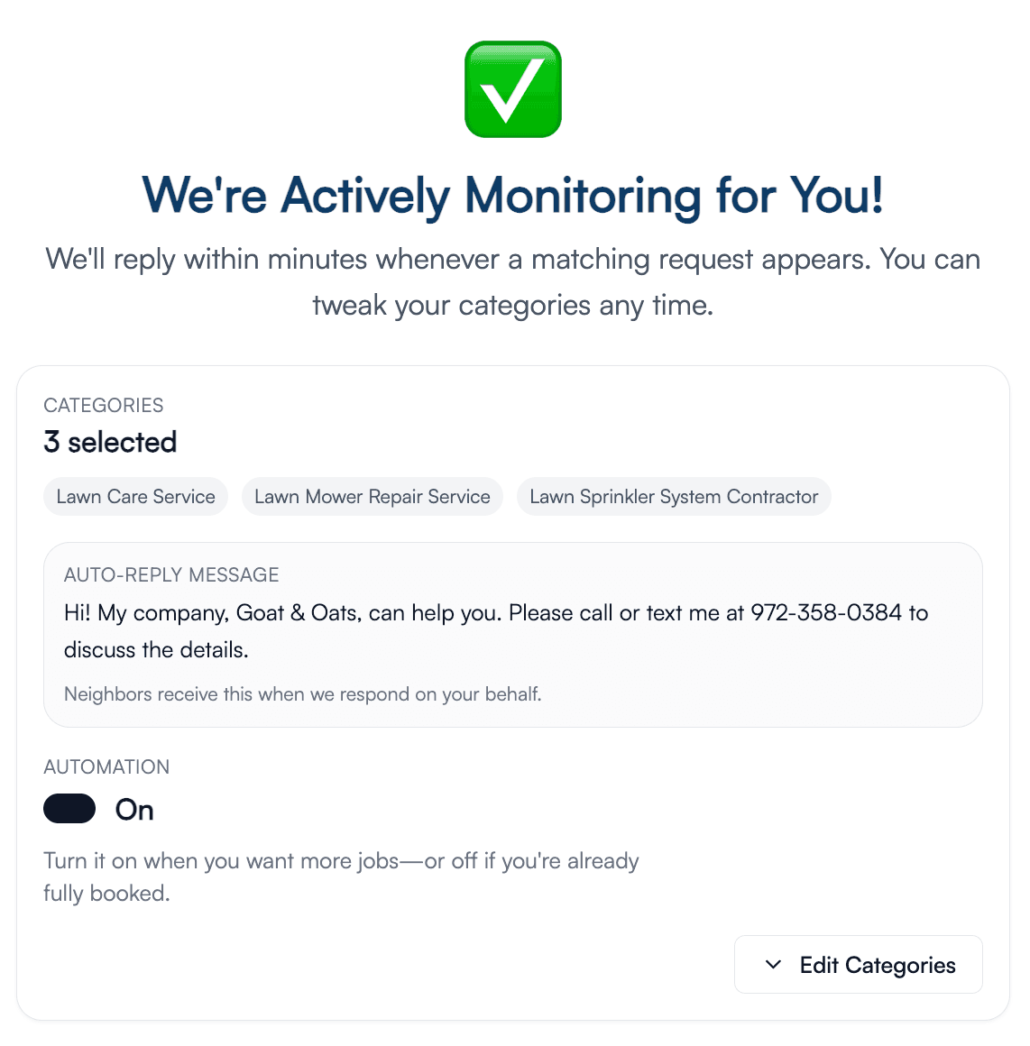 Trusty Goat app monitoring screen